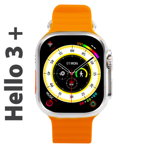 Montre connectée Ultra Hello 3 Plus, boîtier en aluminium gris, bracelet de sport orange, bracelet en silicone