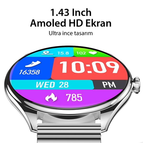 Ultra Thin Akıllı Saat Yuvarlak Çelik Kasa Metal Kordon