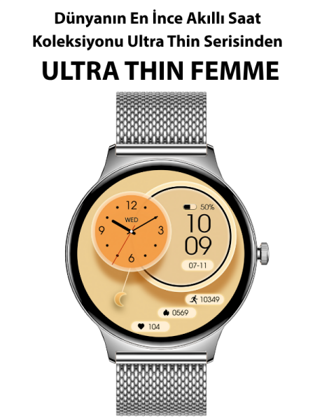 Ultra Thin Femme Akıllı Saat Yuvarlak Çelik Kasa Metal Kordon Gümüş
