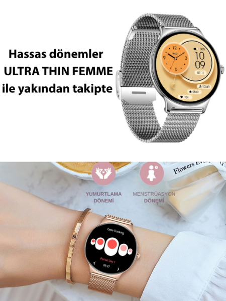 Ultra Thin Femme Akıllı Saat Yuvarlak Çelik Kasa Metal Kordon Gümüş