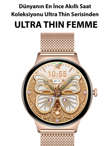 Ultra Thin Femme Akıllı Saat Yuvarlak Çelik Kasa Metal Kordon Gold