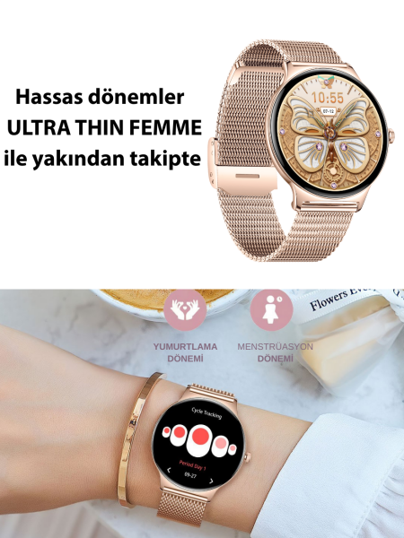 Ultra Thin Femme Akıllı Saat Yuvarlak Çelik Kasa Metal Kordon Gold