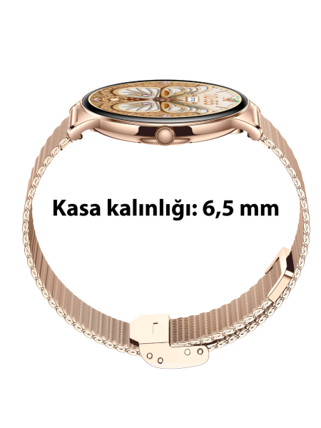 Ultra Thin Femme Akıllı Saat Yuvarlak Çelik Kasa Metal Kordon Gold