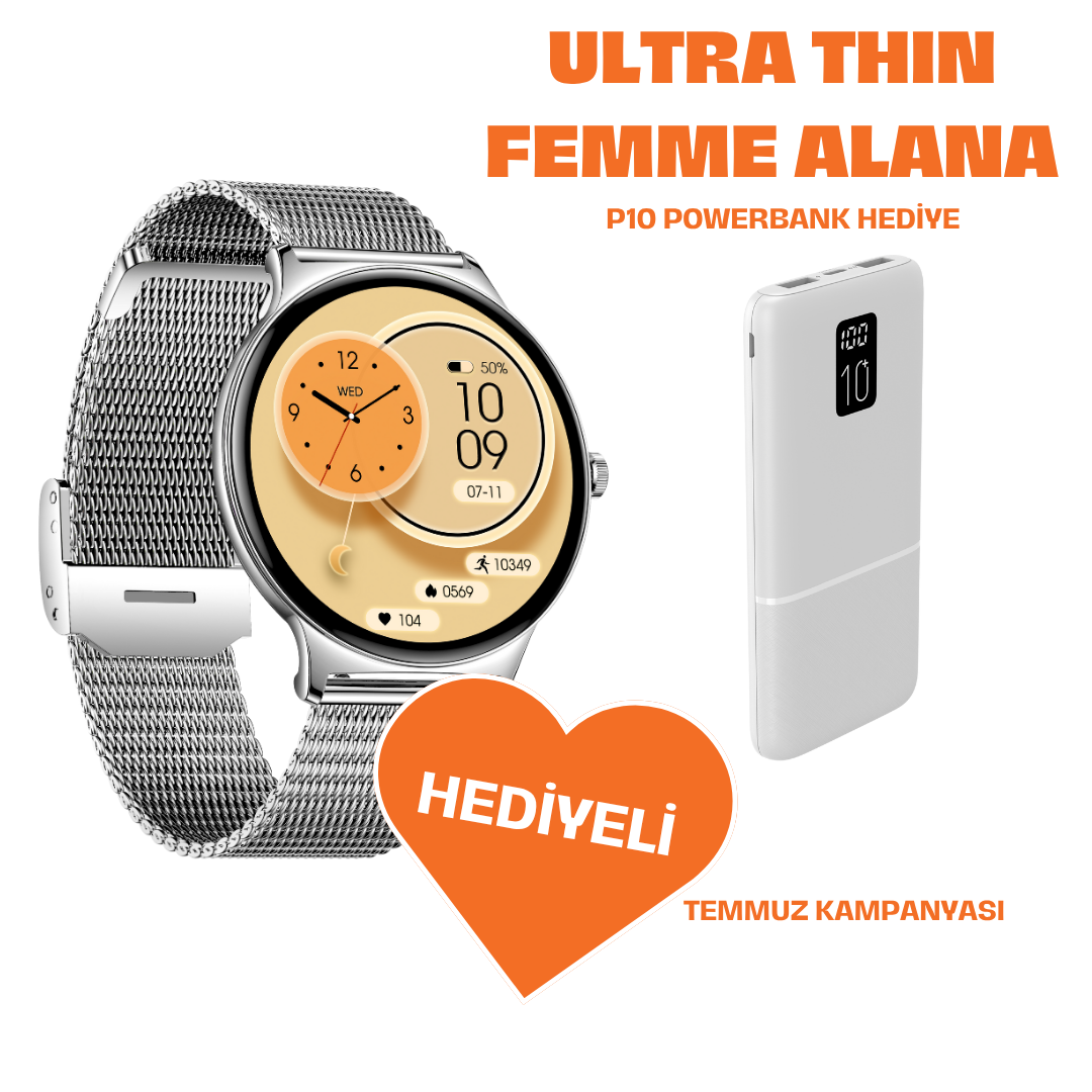 Powerbank Hediyeli Ultra Thin Femme Akıllı Saat Yuvarlak Çelik Kasa Metal Kordon Gümüş