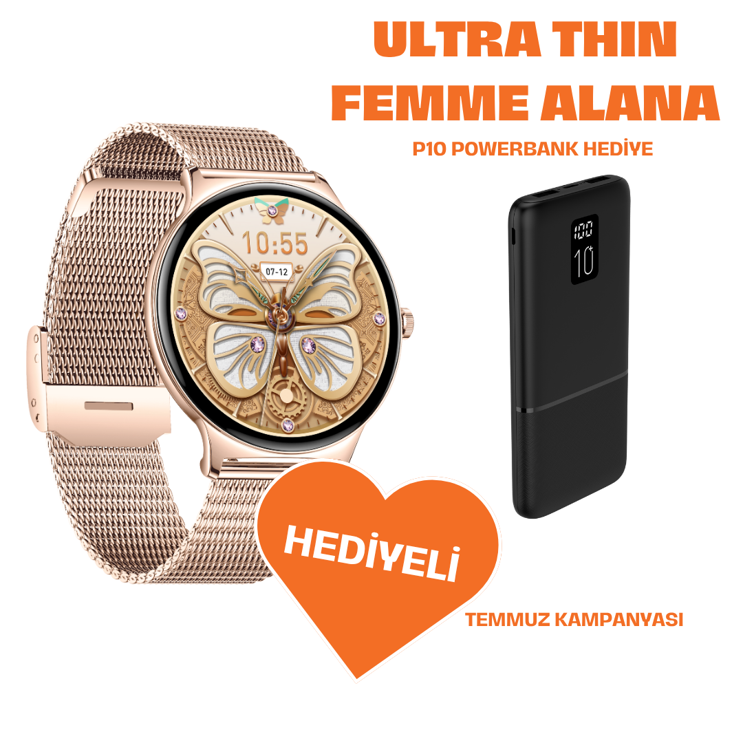 Powerbank Hediyeli Ultra Thin Femme Akıllı Saat Yuvarlak Çelik Kasa Metal Kordon Gold
