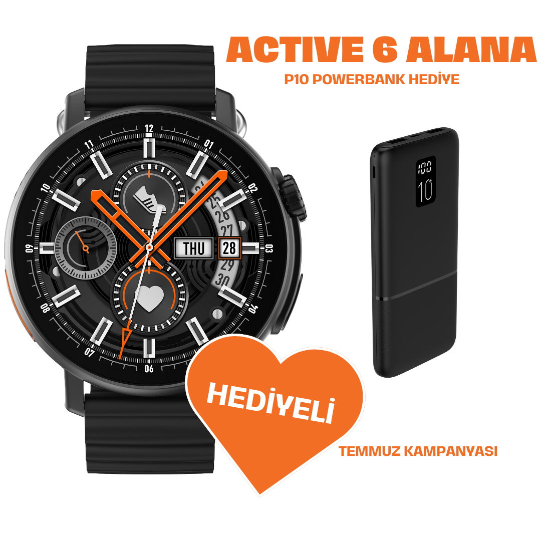 Powerbank Hediyeli Active6 Akıllı Saat Yuvarlak Alüminyum Kasa Spor Silikon Kordon