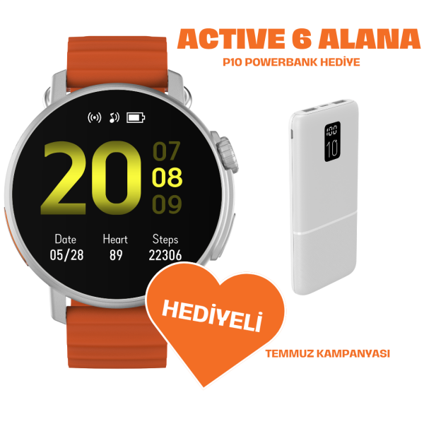 Powerbank Hediyeli Active6 Akıllı Saat Alüminyum Kasa Spor Silikon Kordon Gümüş
