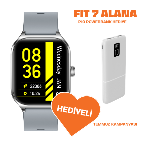 Powerbank Hediyeli Fit7 Akıllı Saat Alüminyum Kasa Spor Silikon Kordon