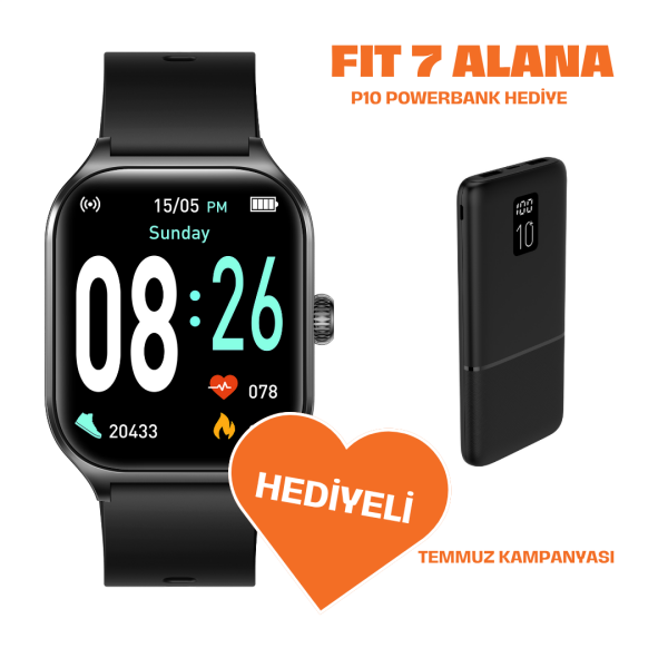 Powerbank Hediyeli Fit7 Akıllı Saat Alüminyum Kasa Spor Silikon Kordon