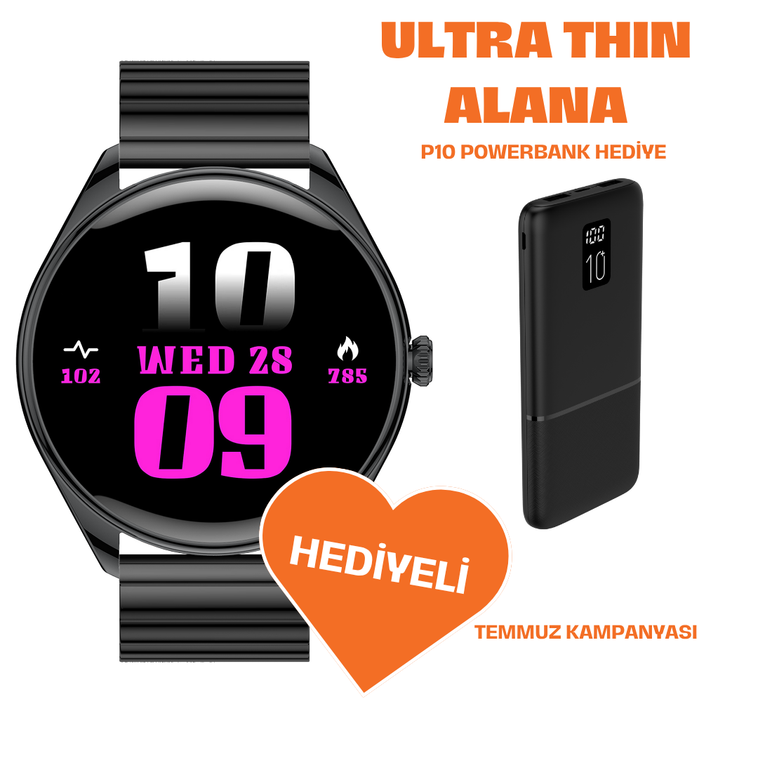 Powerbank Hediyeli Ultra Thin  Akıllı Saat Yuvarlak Çelik Kasa Metal Kordon