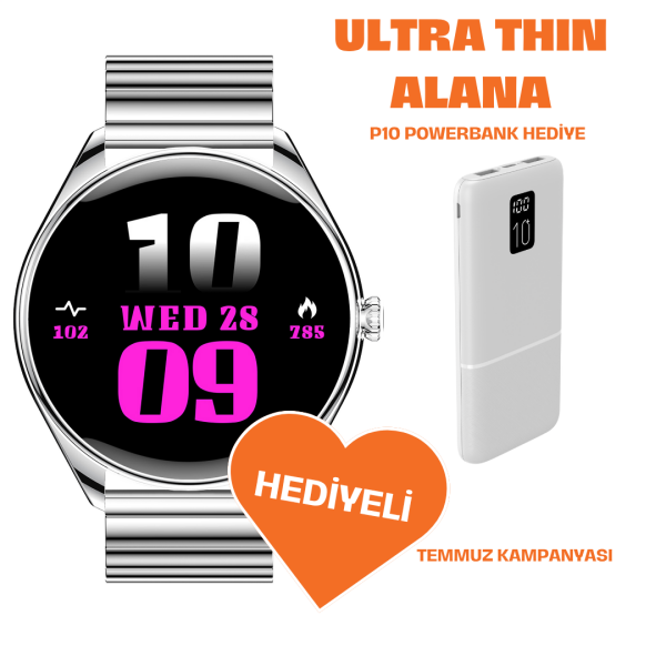 Powerbank Hediyeli Ultra Thin  Akıllı Saat Yuvarlak Çelik Kasa Metal Kordon