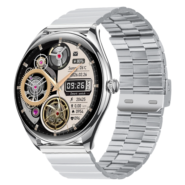 Powerbank Hediyeli Ultra Thin  Akıllı Saat Yuvarlak Çelik Kasa Metal Kordon