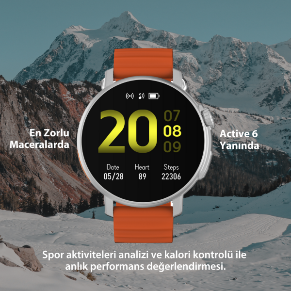 Active6 Akıllı Saat Yuvarlak Alüminyum Kasa Spor Silikon Kordon Gümüş