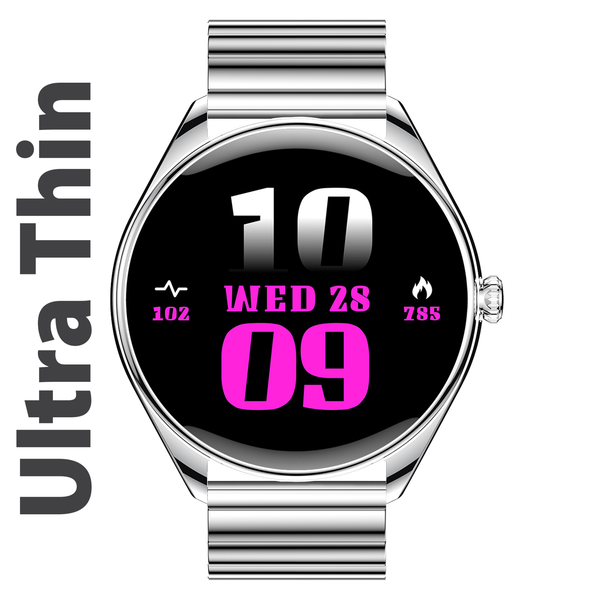 Ultra Thin Akıllı Saat Yuvarlak Çelik Kasa Metal Kordon Gümüş